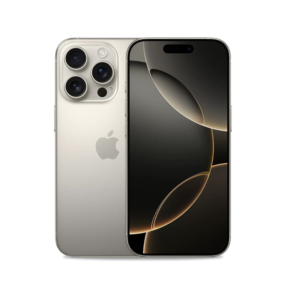 Refurbished iPhone 16 Pro i natur titanium, bagside og skærm.