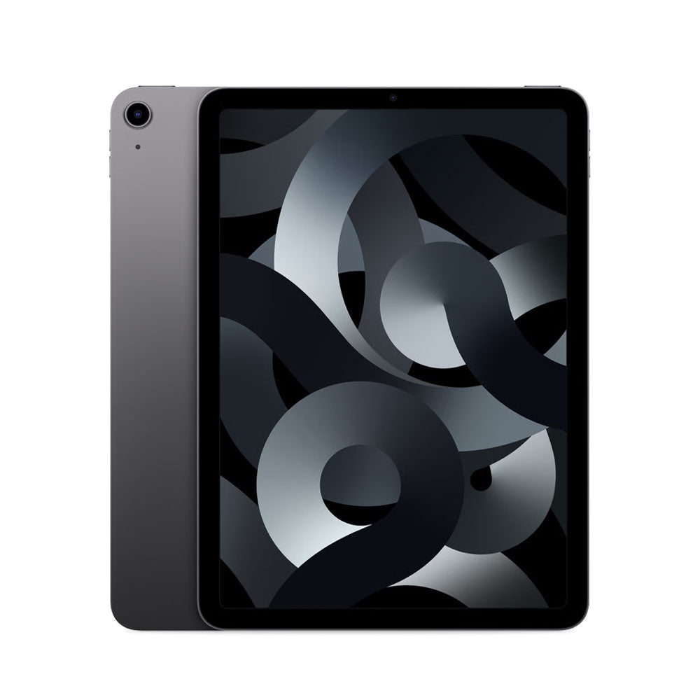 Refurbished iPad Air 5 I 10'9'' i space gray farve, set forfra og bagfra.